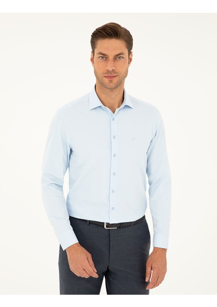 Açık Mavi Slim Fit Armürlü Uzun Kollu Gömlek