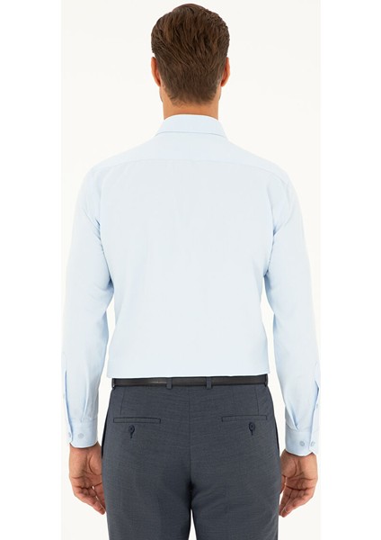 Açık Mavi Slim Fit Armürlü Uzun Kollu Gömlek