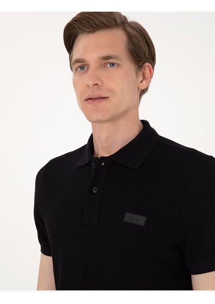 Siyah Slim Fit Örme Dokulu Polo Yaka Tişört fiyatları