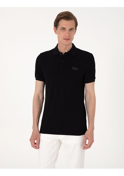 Siyah Slim Fit Örme Dokulu Polo Yaka Tişört modelleri