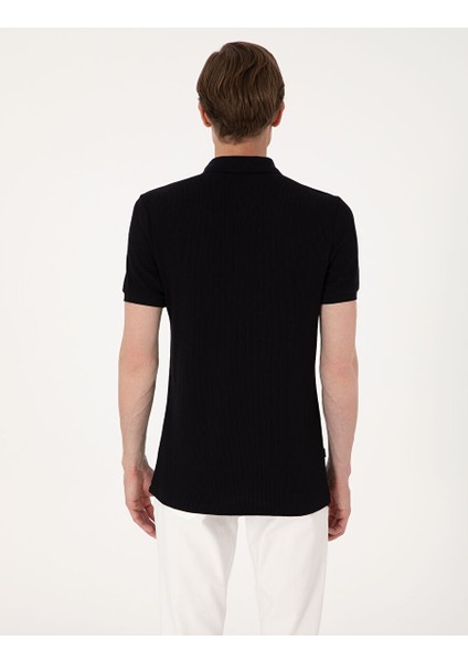 Siyah Slim Fit Örme Dokulu Polo Yaka Tişört indirimleri