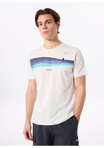 Kırık Beyaz Erkek Bisiklet Yaka Relaxed Baskılı T-Shirt Hardap