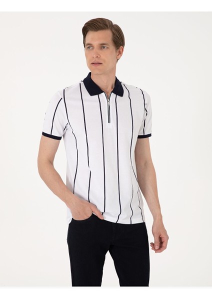 Lacivert Çizgi Detaylı Slim Fit Polo Yaka Tişört