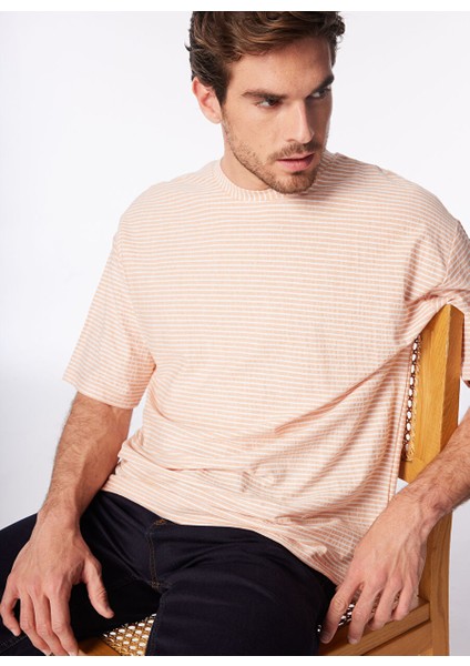Turuncu Erkek Bisiklet Yaka Loose Fit Çizgili T-Shirt F4SM-TST 036