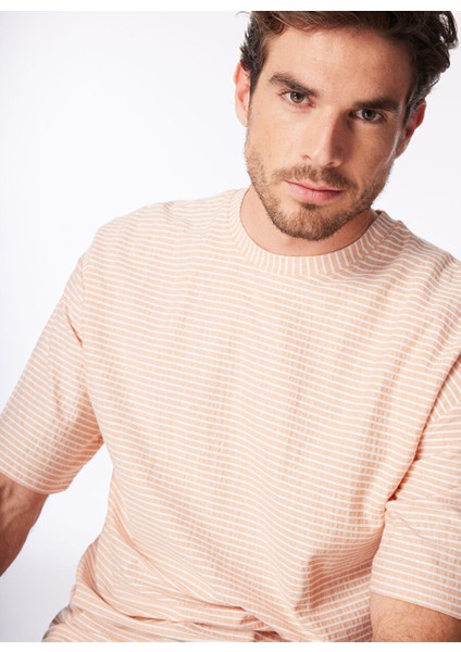 Turuncu Erkek Bisiklet Yaka Loose Fit Çizgili T-Shirt F4SM-TST 036 modelleri