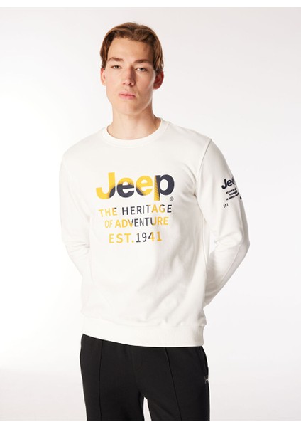 Ekru Erkek Bisiklet Relaxed Baskılı Sweatshirt C4WM-SWT4234