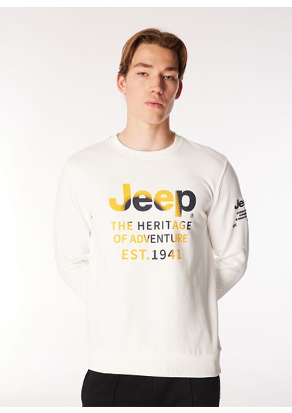 Ekru Erkek Bisiklet Relaxed Baskılı Sweatshirt C4WM-SWT4234