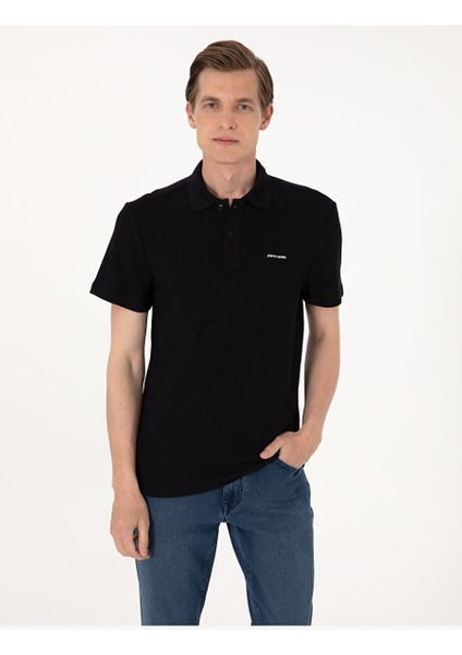 Siyah Slim Fit Örme Dokulu Polo Yaka Tişört