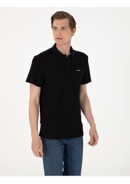 Siyah Slim Fit Örme Dokulu Polo Yaka Tişört modelleri