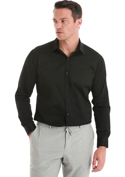 Siyah Slim Fit Düz 100% Pamuk Slim Yaka Uzun Kollu Saten Gömlek modelleri
