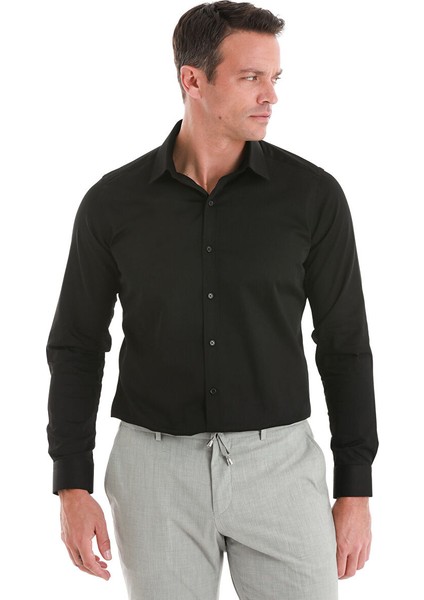 Siyah Slim Fit Düz 100% Pamuk Slim Yaka Uzun Kollu Saten Gömlek fırsatları