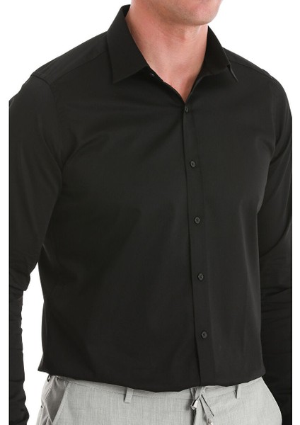Siyah Slim Fit Düz 100% Pamuk Slim Yaka Uzun Kollu Saten Gömlek indirimleri