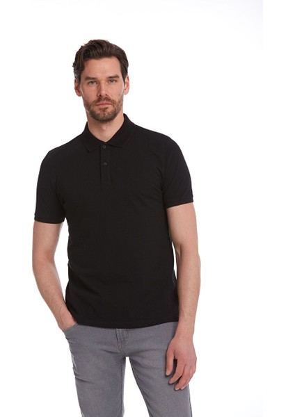Siyah Regular Fit Düz 100% Pamuk Polo Yaka Tişört