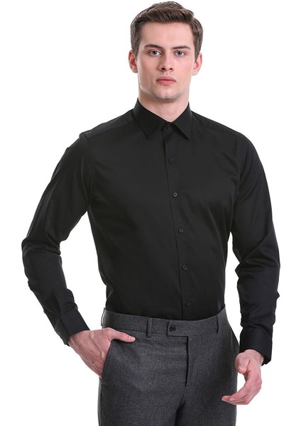 Siyah Slim Fit Düz 100% Pamuklu Slim Yaka Uzun Kollu Casual Saten Gömlek