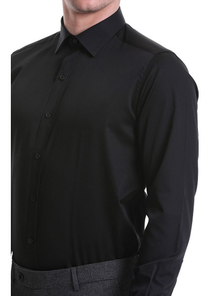 Siyah Slim Fit Düz 100% Pamuklu Slim Yaka Uzun Kollu Casual Saten Gömlek