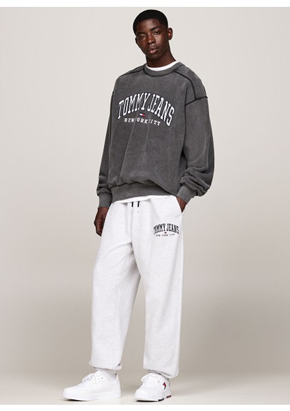 Rlx Tj Gd Varsıty Bisiklet Yaka Relaxed Siyah Erkek Baskılı Sweatshirt DM0DM19757BDS