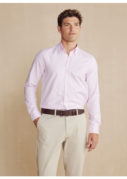 Slim Fit Düğmeli Yaka Pembe Erkek Gömlek BBSS24MSH006
