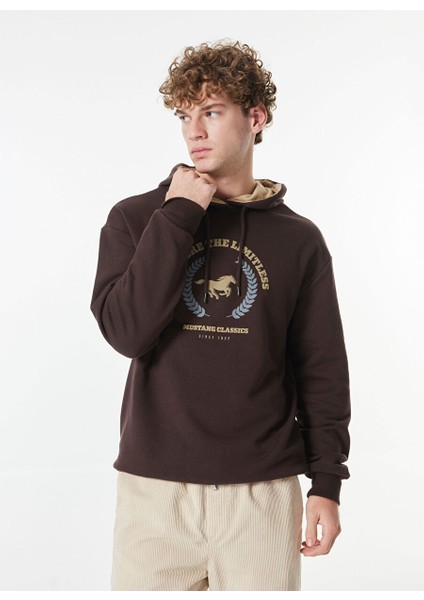 Kahve Erkek Kapüşon Loose Fit Baskılı Sweatshirt M4WM-SWT-1515