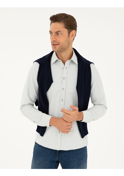 Gri Slim Fit Armürlü Uzun Kollu Gömlek