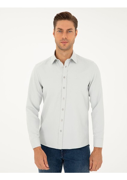 Gri Slim Fit Armürlü Uzun Kollu Gömlek