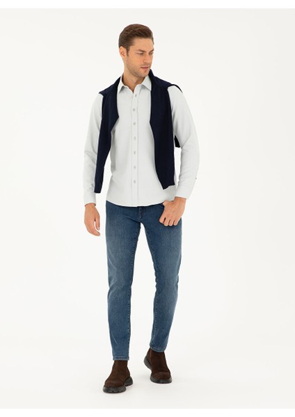 Gri Slim Fit Armürlü Uzun Kollu Gömlek