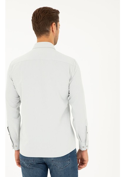 Gri Slim Fit Armürlü Uzun Kollu Gömlek