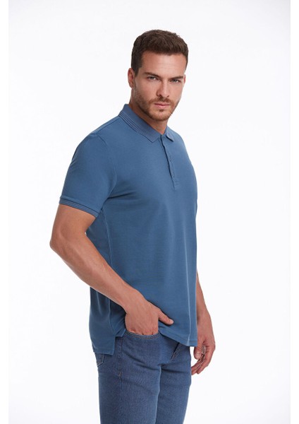 Indigo Regular Fit Düz 100% Pamuklu Polo Yaka Tişört