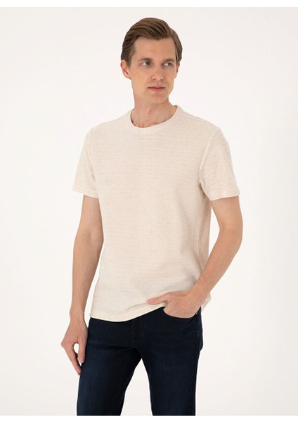 Bej Erkek Regular Fit Jakarlı T-Shirt Tıon