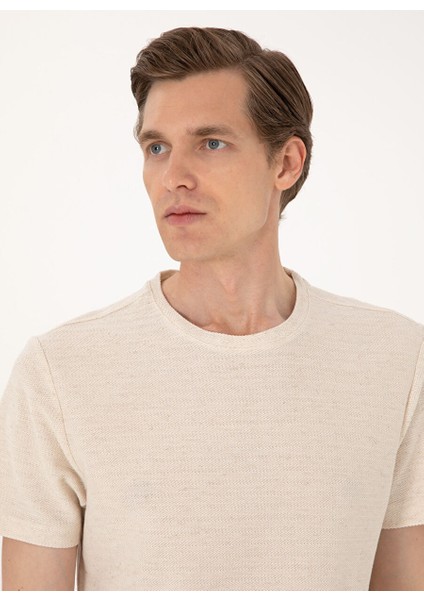 Bej Erkek Regular Fit Jakarlı T-Shirt Tıon
