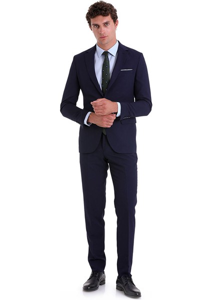 Lacivert Slim Fit Düz Mono Yaka Klasik Takım Elbise