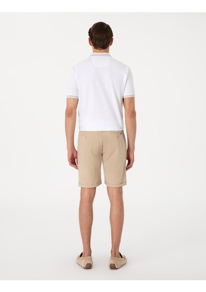 Bej Slim Fit Beli Lastikli Bağcıklı Dokuma Şort
