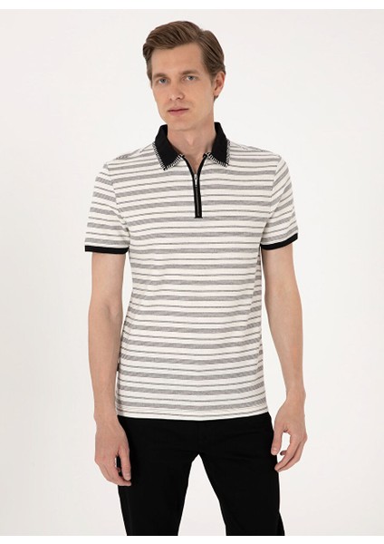 Bej Erkek Slim Fit Çizgili Polo T-Shirt Ken