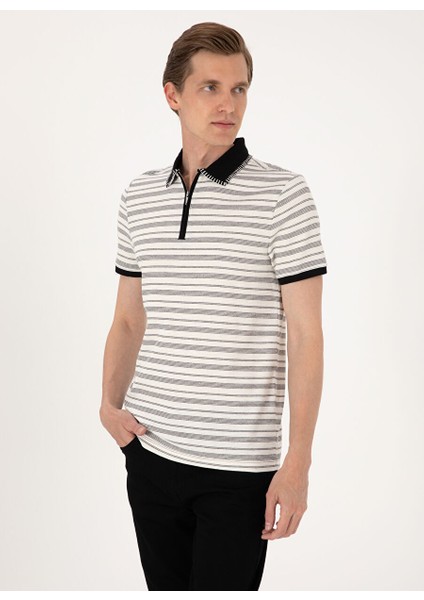 Bej Erkek Slim Fit Çizgili Polo T-Shirt Ken modelleri