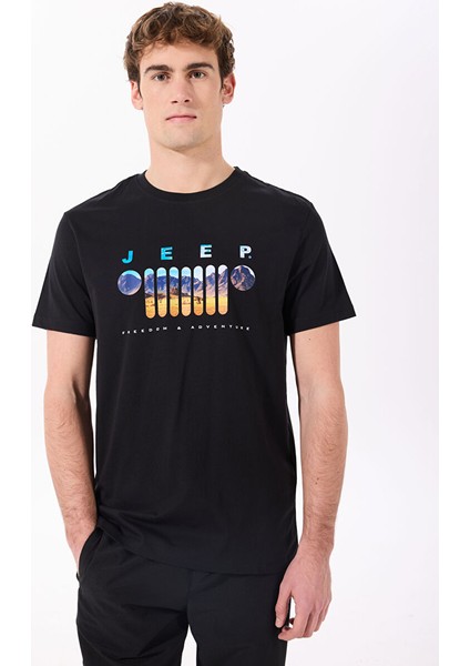 Siyah Erkek Bisiklet Yaka Relaxed Baskılı T-Shirt J4SM-TST7257