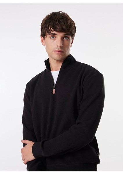 Siyah Erkek Fermuarlı Basic Düz Sweatshirt MML4WM-SWT9517