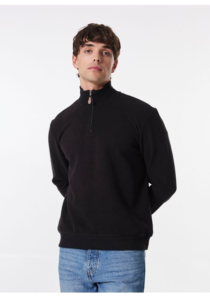 Siyah Erkek Fermuarlı Basic Düz Sweatshirt MML4WM-SWT9517