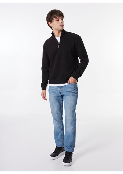 Siyah Erkek Fermuarlı Basic Düz Sweatshirt MML4WM-SWT9517