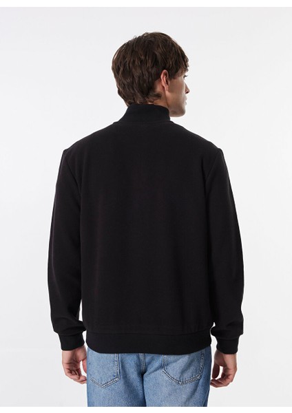 Siyah Erkek Fermuarlı Basic Düz Sweatshirt MML4WM-SWT9517