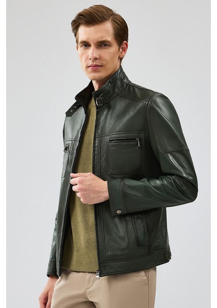 Wade Erkek Haki Slim-Fit Deri Mont 22WGD6462VE