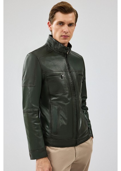 Wade Erkek Haki Slim-Fit Deri Mont 22WGD6462VE