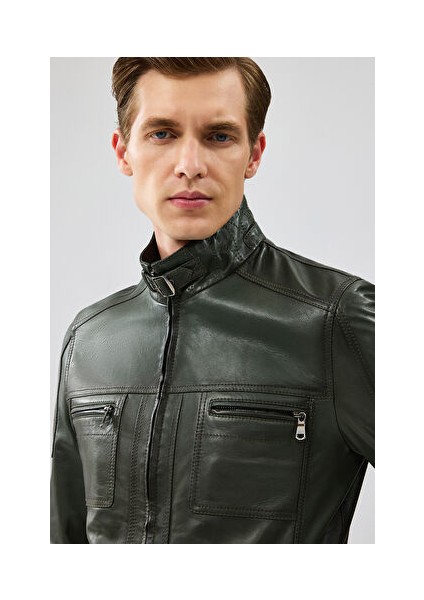 Wade Erkek Haki Slim-Fit Deri Mont 22WGD6462VE