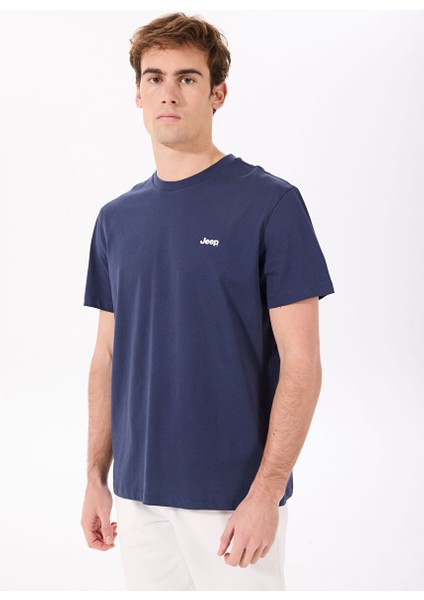 Lacivert Erkek Bisiklet Yaka Baskılı T-Shirt J4SM-TST7245