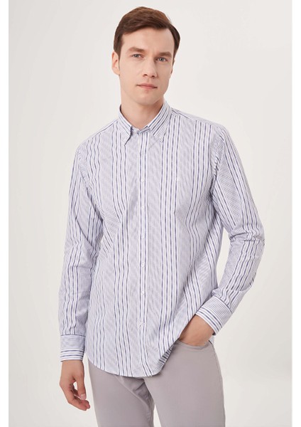 Erkek Regular Fit Çizgili Spor Gömlek Gri GM23Y231030_D55