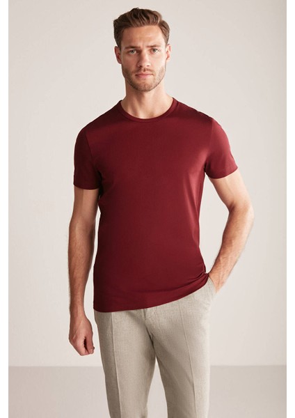 Bisiklet Yaka Bordo Basic T-Shirt