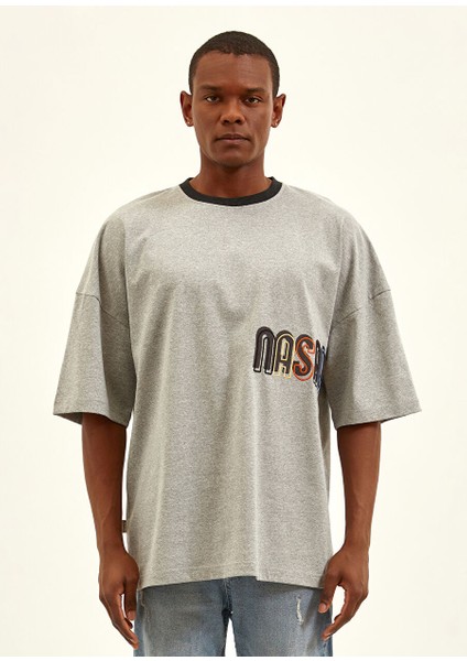 Düşük Omuzlu Oversize Tişört - Gri Krom