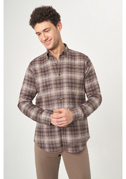 Erkek Regular Fit Uzun Kollu Flanel Gömlek Kahve GM22K222101_D11
