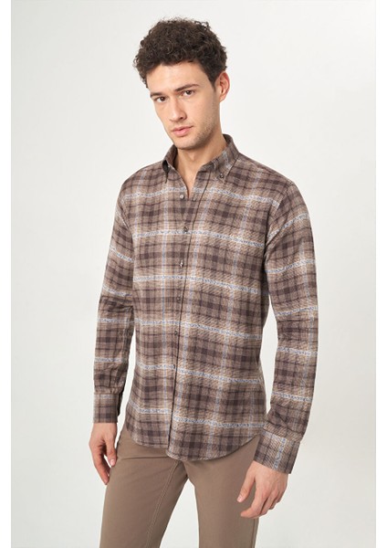 Erkek Regular Fit Uzun Kollu Flanel Gömlek Kahve GM22K222101_D11