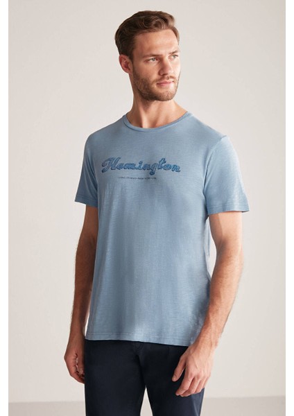 Nakış Logolu Bisiklet Yaka Mavi Pamuk T-Shirt
