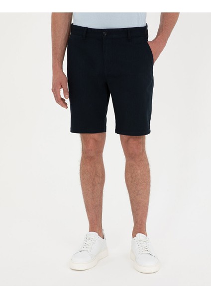 Lacivert Slim Fit Dokuma Şort