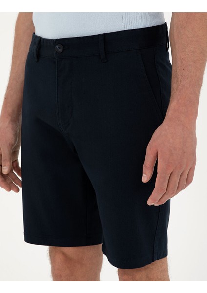 Lacivert Slim Fit Dokuma Şort